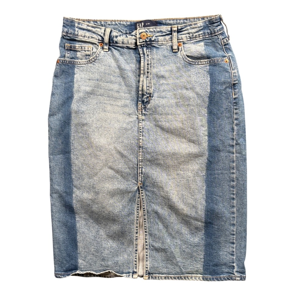 Y2K GAP Denim Pencil Skirt Women 8/29 Patchwork Panel Midi Slit Model Off Duty